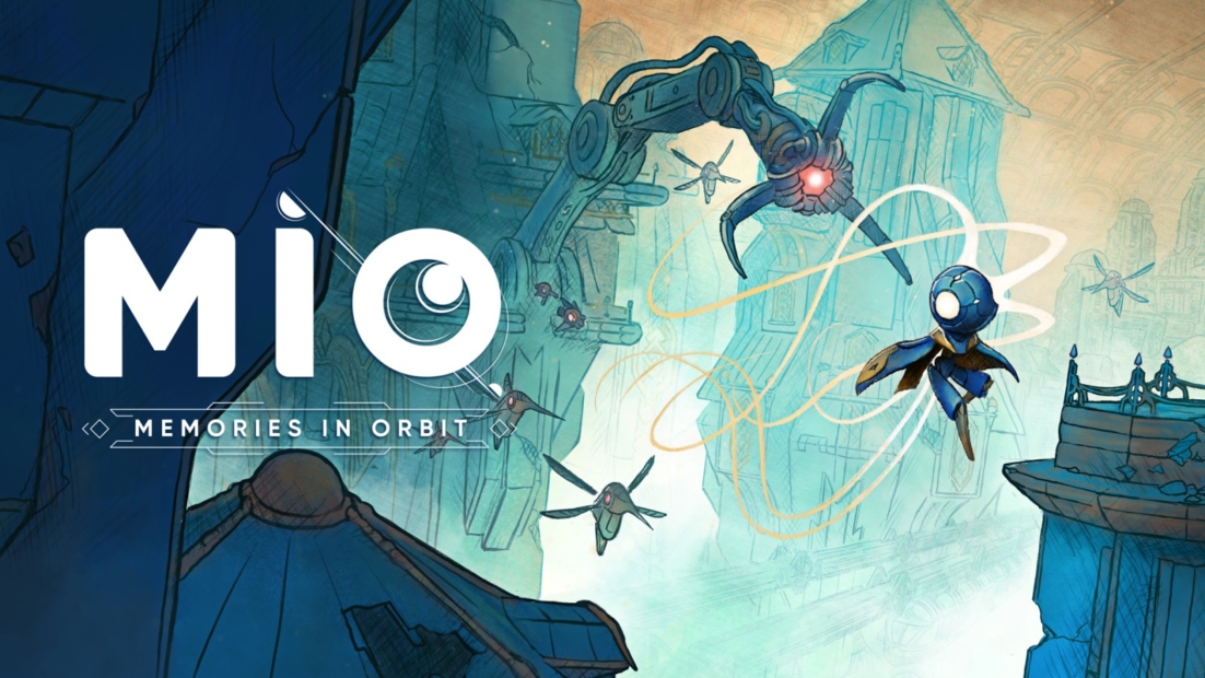 Illustration of a small floating figure with a glowing head and outline lines near a mechanical claw arm in a cityscape with houses and windmills, alongside the text 'Mio Memories in Orbit'