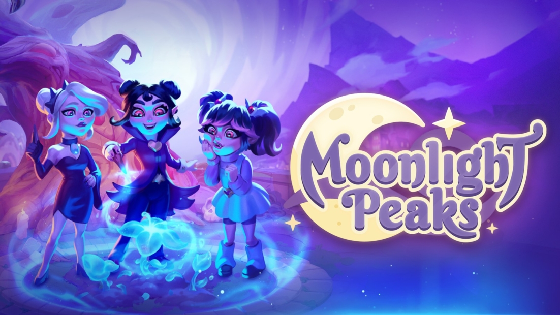 Die besten Cozy Games für den Herbst: Moonlight Peaks. Drei stilisierte Figuren stehen um ein leuchtendes Lagerfeuer vor einem Bergpanorama bei Nacht mit dem Schriftzug 'Moonlight Peaks' neben einem Halbmond und Sternen.