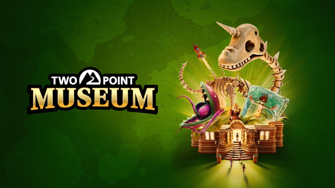 Museum with dinosaur skeleton, rocket, triceratops skull, and classical architecture against green background with text 'TWO POINT MUSEUM'