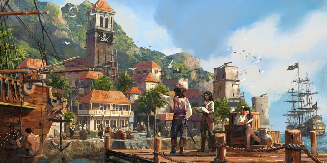 Pirate-themed harbor scene from Republic of Pirates game showing wooden ships with Jolly Roger flags, pirates on a dock, and colonial-style buildings with a clock tower in a tropical setting
