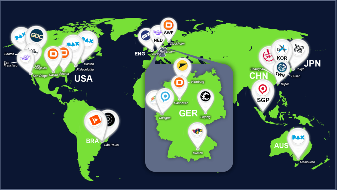 World map with the biggest gaming events