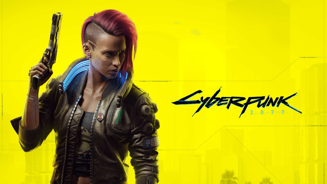 Person mit pinkem Irokesenschnitt, schwarzer Lederjacke und Pistole vor gelbem Hintergrund neben dem Schriftzug 'Cyberpunk 2077'