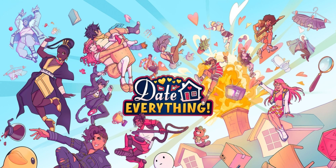 Mehrere bunte Comicfiguren in verschiedenen Posen umgeben das bunte Logo 'Date Everything!' mit einem Haus und einem Herz.