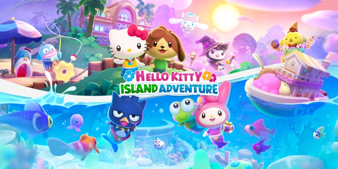 Several colorful cartoon characters including Hello Kitty on an island with boats and palm trees at sunset.