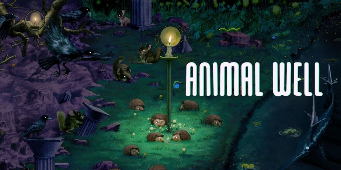Dark forest scene with several small animals on a clearing and the text 'ANIMAL WELL'