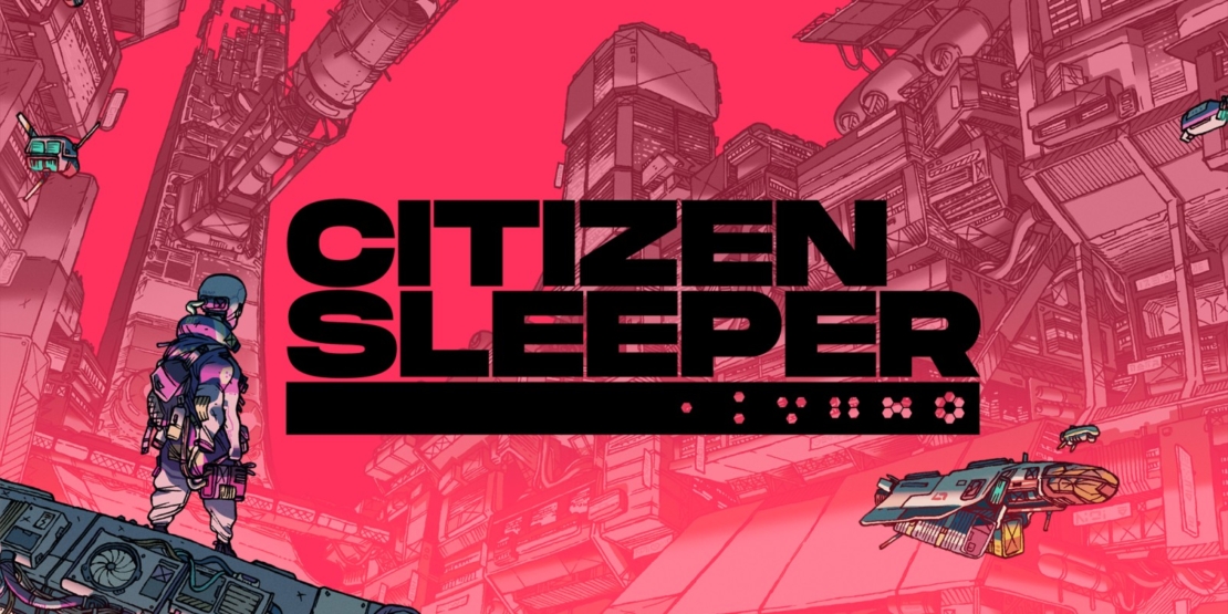 Stylized illustration of a futuristic city with the bold uppercase text 'CITIZEN SLEEPER' in the center
