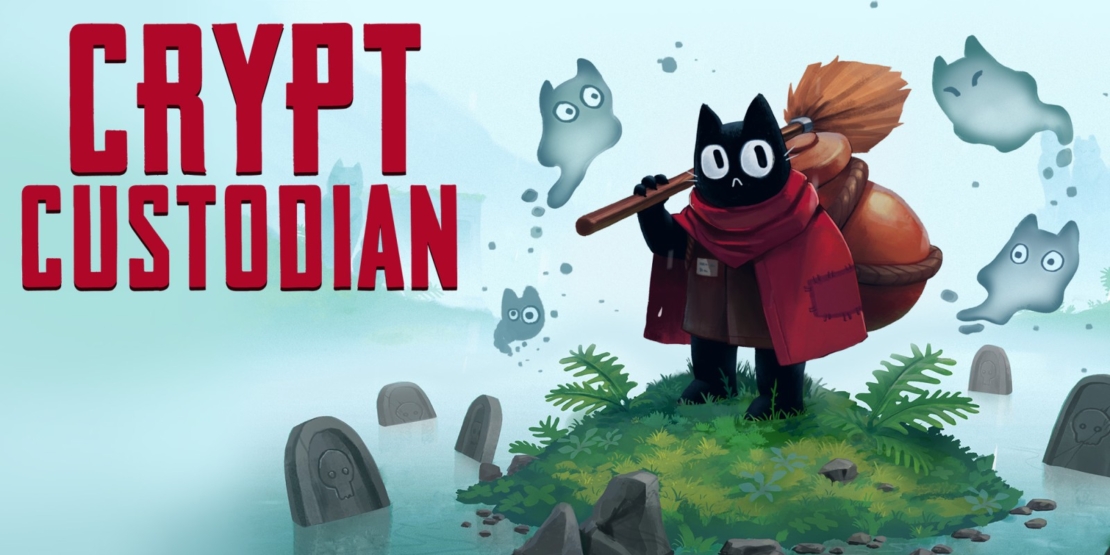 Black cat wearing a red cloak holding a broom stands on a small grassy hill with gravestones, surrounded by four ghostly cat figures, with the text 'CRYPT CUSTODIAN' in red letters beside it.