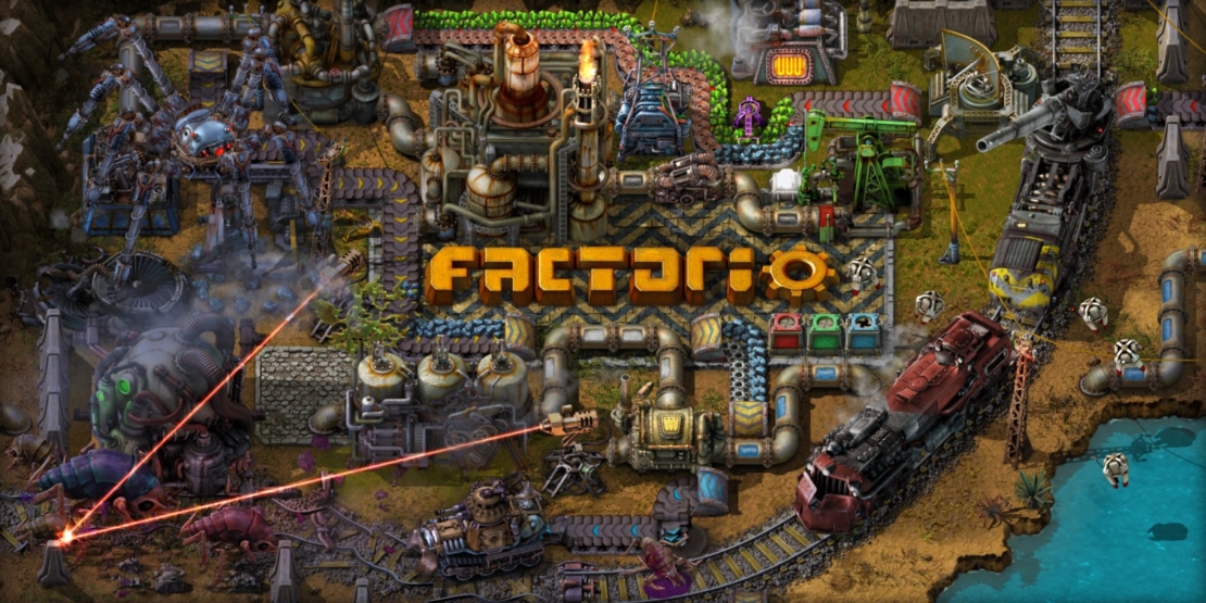 The Best Factory-Building Games: Factorio. Top-down view of a complex factory setup with conveyor belts, pipes, machines, and a train, with the word 'Factorio' in orange above.