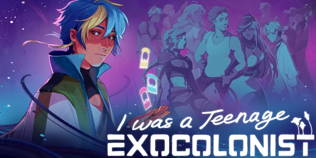 Mehrere futuristisch gekleidete Figuren vor einem lila Hintergrund, darunter eine Figur mit blauem Haar im Vordergrund. Text: 'I was a Teenage EXOCOLONIST'.