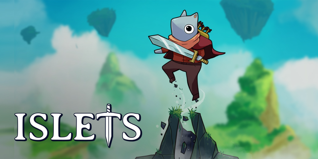 Character with sword and cape jumping in front of a landscape with rocks and clouds next to the text 'ISLETS' with a sword as the letter 'T'
