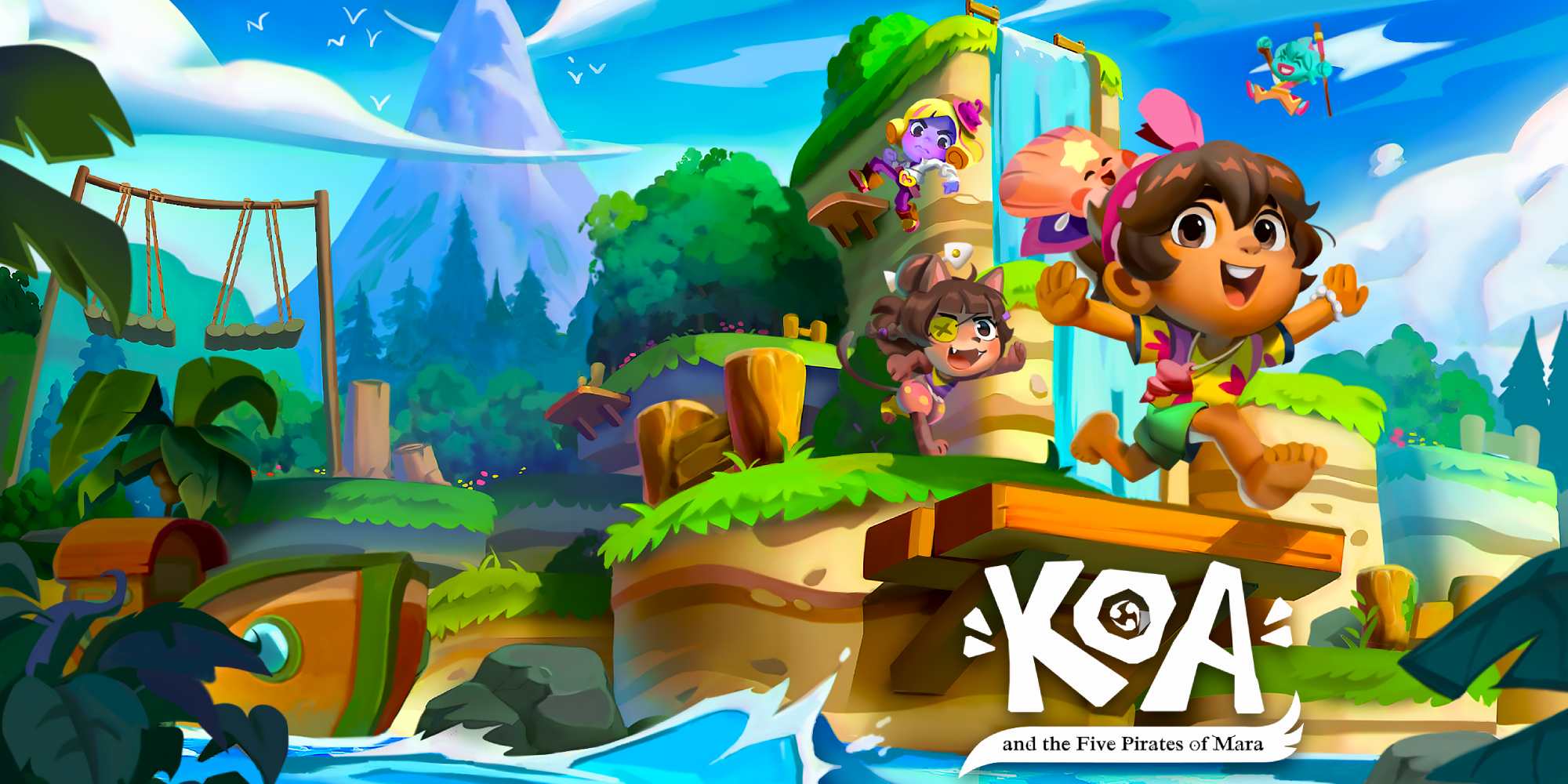 Koa, ein fröhliches junges Mädchen mit braunen Haaren und einer rosa Blume, führt eine Gruppe von fünf bunten Piratenfiguren in einer lebendigen tropischen Inselwelt aus dem Spiel „Koa and the Five Pirates of Mara“ an.