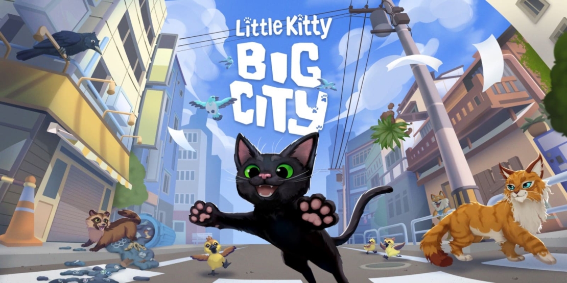 Black cartoon cat with green eyes and pink paws jumping in a city street with buildings, birds, and other animals around, text 'Little Kitty Big City' above