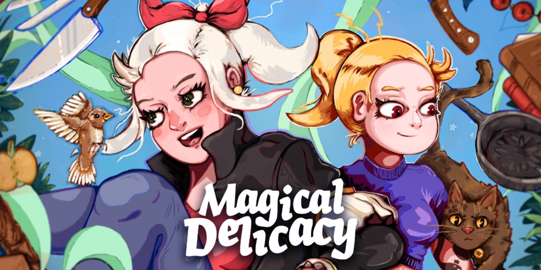 Two cartoon characters with light-colored hair, surrounded by food items and kitchen utensils. Text reads 'Magical Delicacy'.