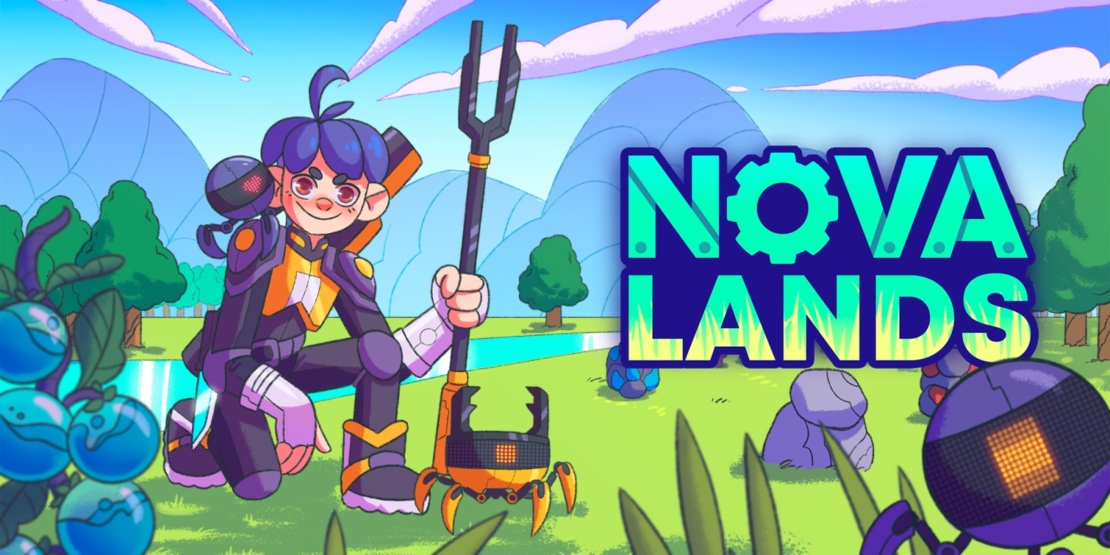Cartoon character with blue updo hairstyle and glasses holding a pitchfork stands next to a small robot in a green landscape with trees and a lake, next to the text 'NOVA LANDS'