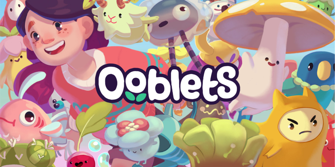 Bunte Figuren und Wesen aus dem Spiel „Ooblets“ umgeben das Logo des Spiels in einem verspielten, animierten Stil.