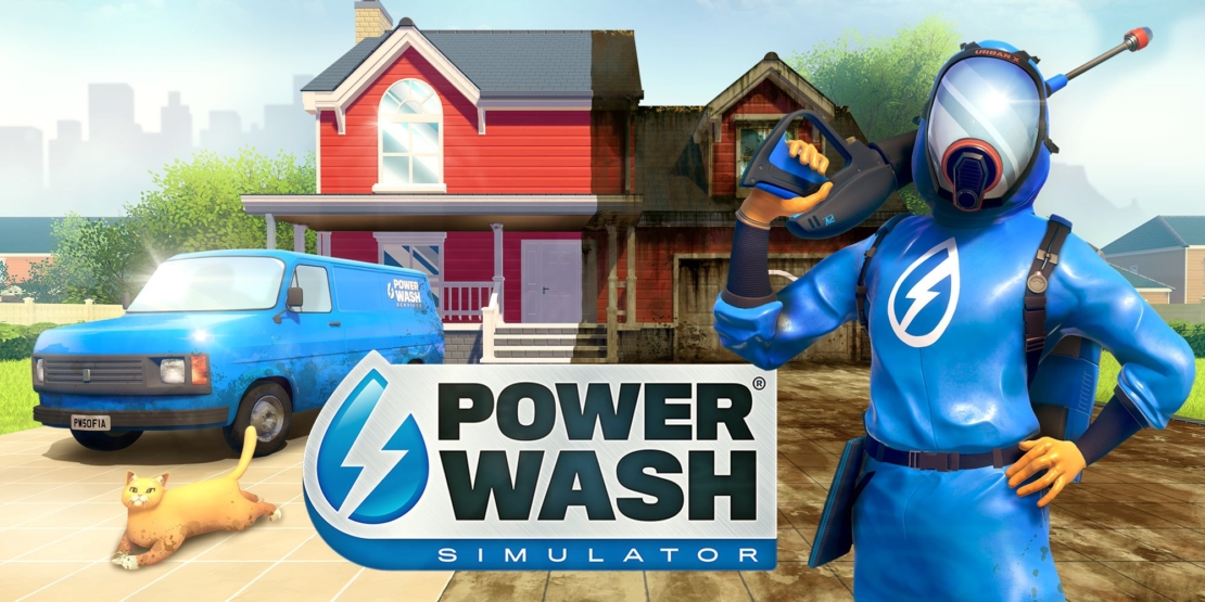 Figure in blue protective suit with respirator holding pressure washer in front of red house with blue delivery van in background and orange cat in foreground