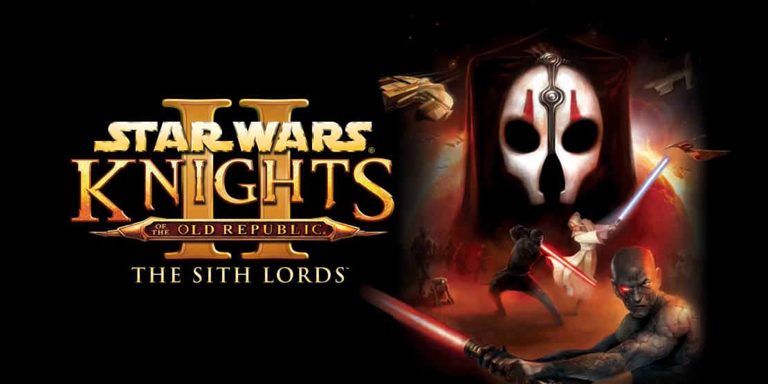 Logo of Star Wars Knights of the Old Republic II The Sith Lords with a mask and several lightsabers in the background