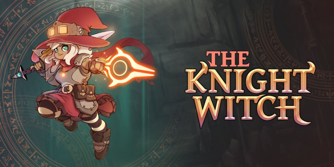 A cartoon character with pointed hat and striped leggings holds a glowing sword, next to the text 'THE KNIGHT WITCH' in stylized font.