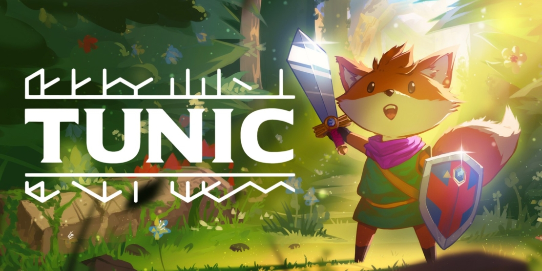 Spiele ohne Dialoge: Ein Fuchs in einer grünen Tunika mit Schwert und Schild steht in einem sonnigen Wald, über ihm steht in fetten weißen Buchstaben „TUNIC“.