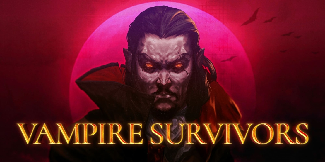A cloaked figure in front of a large red full moon with several bats in the background and the text 'VAMPIRE SURVIVORS' in gold lettering below.