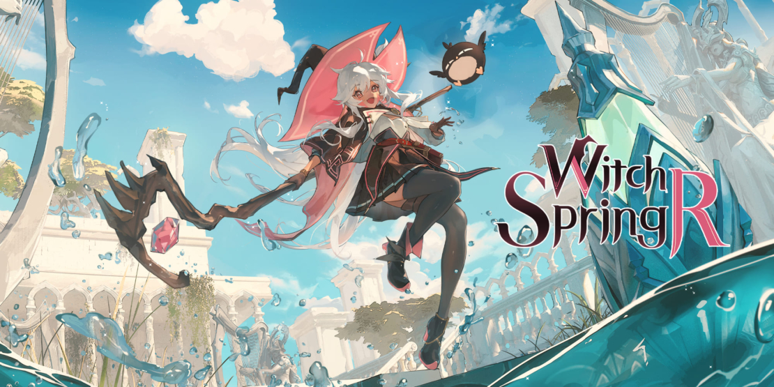 A character in a red and black outfit with a large staff stands in a fantastical landscape with blue water and white architecture. Text reads 'Witch Spring R'.