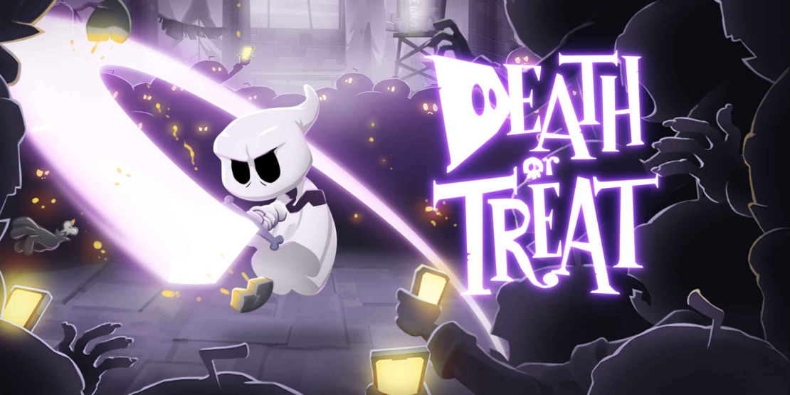 A small white ghost with black eyes swings a sword in a dark setting. The title 'DEATH or TREAT' appears in purple text on the right.