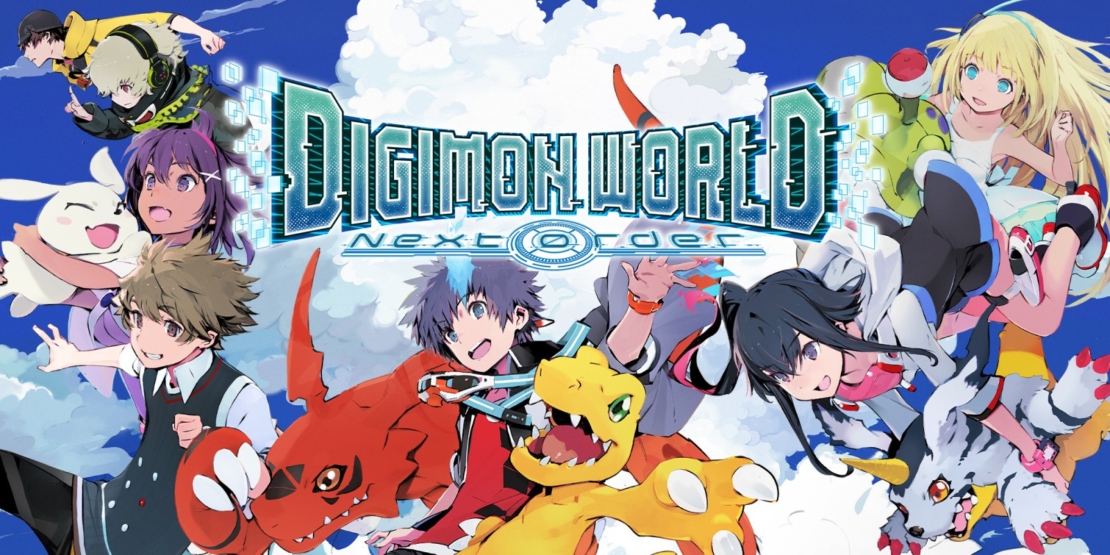 Mehrere Animefiguren und Digimon vor einem wolkigen Himmel mit dem Schriftzug 'DIGIMON WORLD NEXT ORDER' in der Bildmitte.