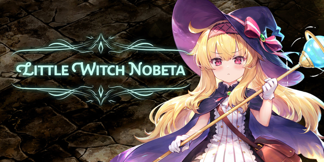 A girl with long blonde hair wears a large purple hat and holds a magic wand. The text 'Little Witch Nobeta' is visible.