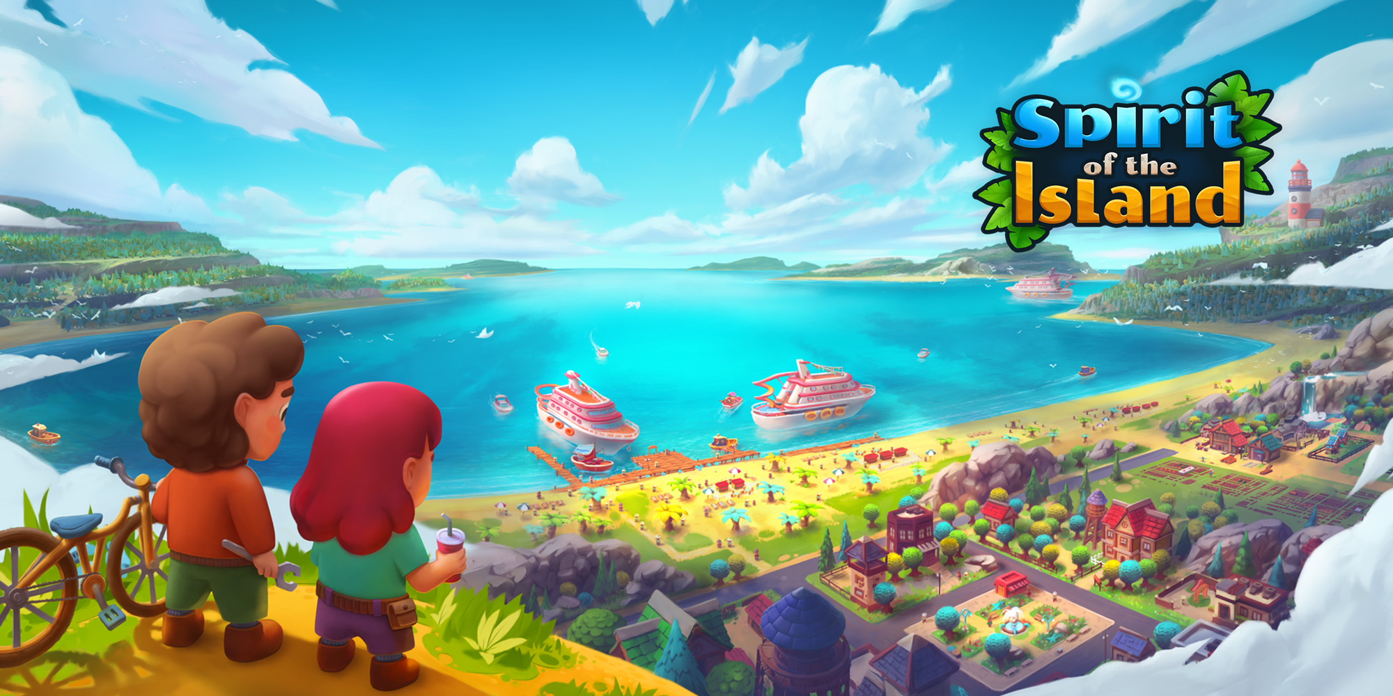 View of a colorful island with a beach, two cruise ships in the water, and the text 'Spirit of the Island' in the sky.