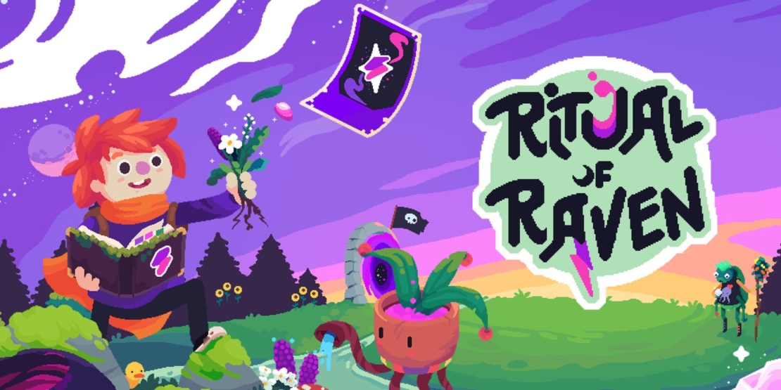 Eine Figur mit orangefarbenen Haaren hält ein Buch und Blumen in der Hand und ist von Pflanzen und einer Flagge umgeben. Der Text „Ritual of Raven“ ist in einer verspielten Schriftart geschrieben.