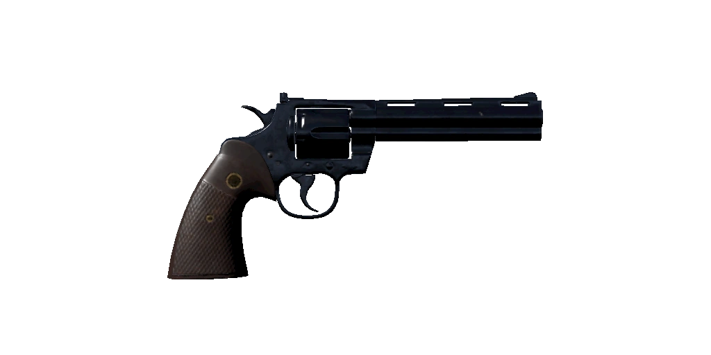Revolver with black barrel and brown grip, side view on dark background.