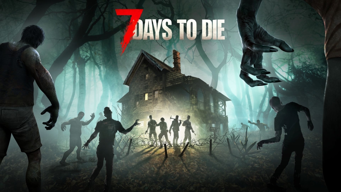 Multiple zombies approach an old, abandoned house in a foggy forest, with the title '7 Days to Die' in red and white text above.