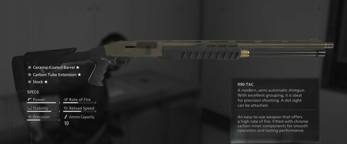 Semi-automatic shotgun with extended carbon tube, ceramic-coated barrel, and black stock shown in a user interface with technical specifications.