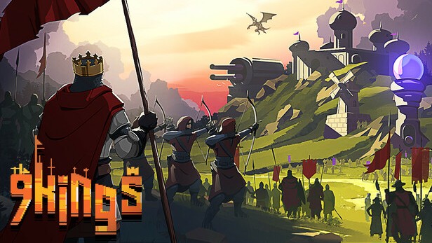 A medieval king in armor with a crown watches archers and soldiers preparing to attack a castle with large cannons and a glowing purple orb, while a dragon flies overhead at sunset.