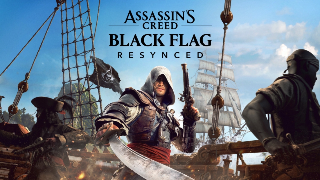 Three pirates on a ship with sails and a black flag with the text 'Assassin's Creed Black Flag Resynced' above