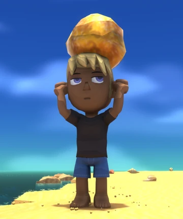 character holding amber above their head