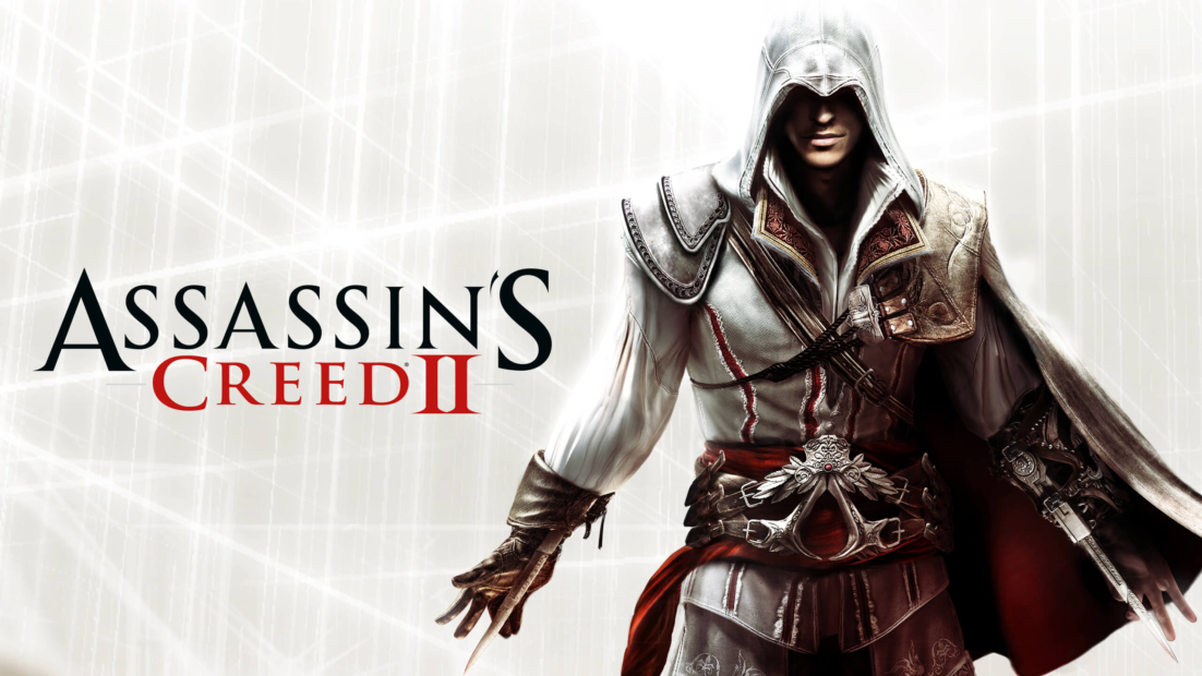 Figure in white hooded robe with armor pieces and hidden blade next to the text 'ASSASSIN'S CREED II'
