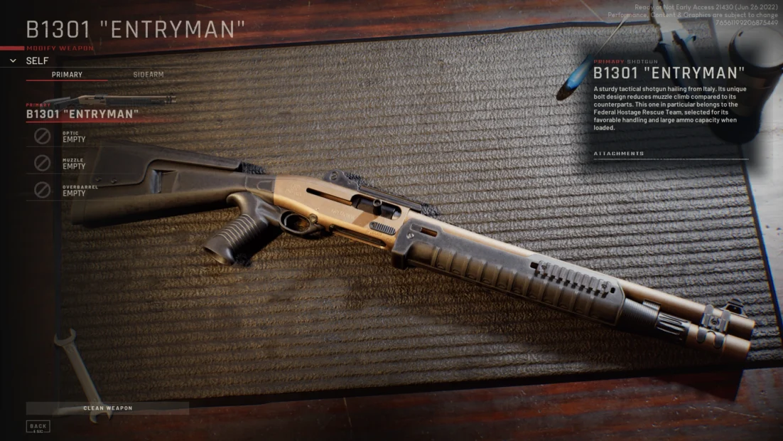 Tactical shotgun B1301 'Entryman' with wooden stock and black barrel lies on a dark surface.