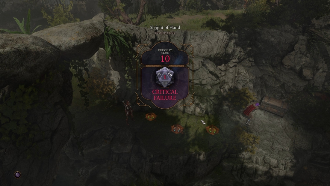 Game scene showing rocks and forest with a dice displaying the number 1 and the text 'Critical Failure' in a frame titled 'Sleight of Hand' with difficulty level 10