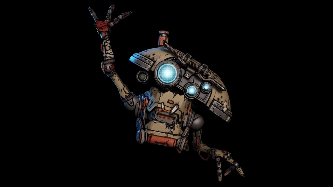 Der Roboter ECHO-4 aus dem Spiel Borderlands 4 hebt eine Hand. Er hat eine runde, metallische Form mit zwei großen blauen Lichtern als Augen und trägt eine abgenutzte, graue und orangefarbene Rüstung.