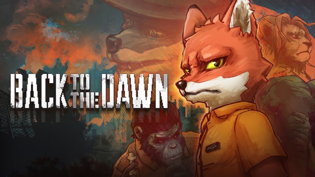 Illustration showing a red fox in an orange jumpsuit, a gorilla, and a lion in the background with the text 'BACK TO THE DAWN'