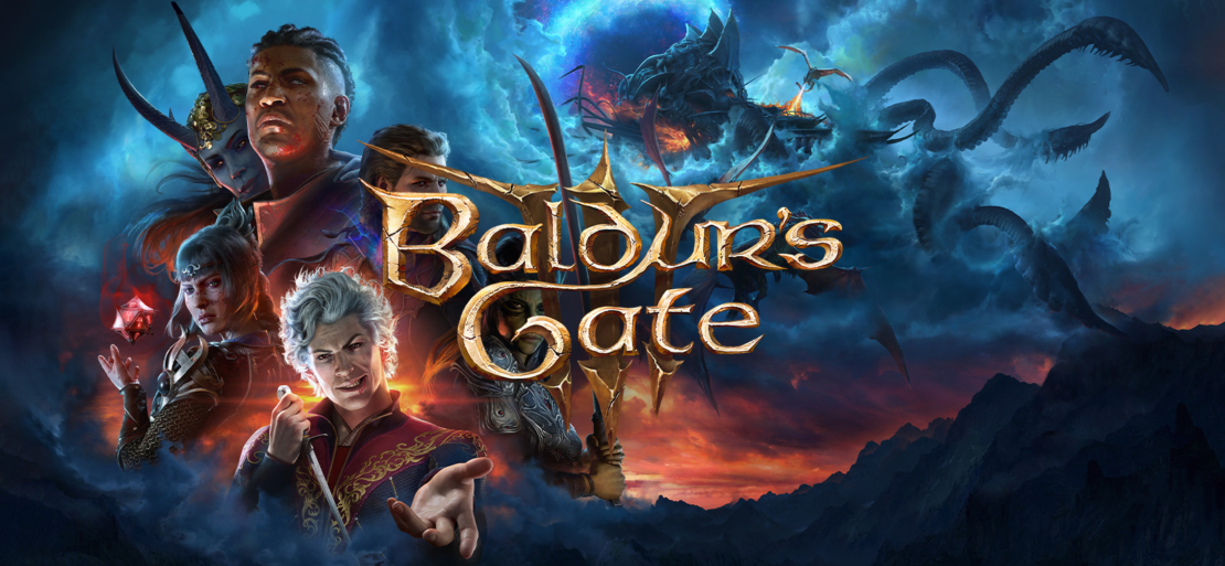 Fantasy-Figuren aus dem Spiel „Baldur's Gate“ mit einem Drachen und einem stürmischen Himmel im Hintergrund, mit dem Titel „Baldur's Gate“ in verzierten goldenen Buchstaben.