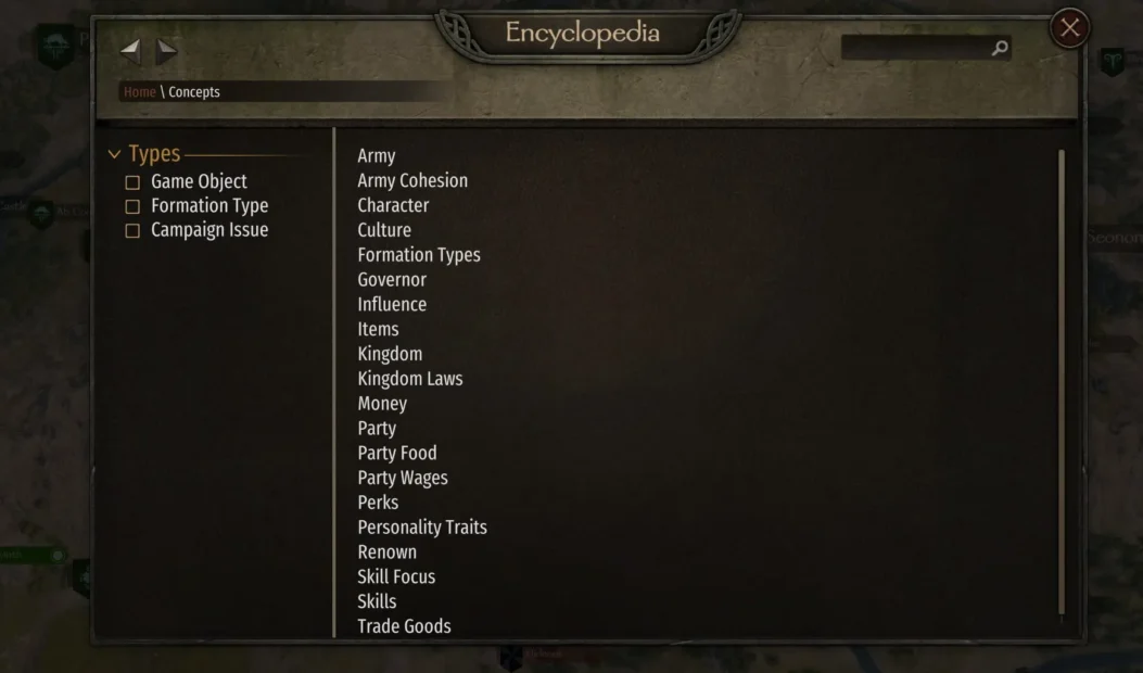 Encyclopedia interface showing a list of categories including Army, Character, Culture, Kingdom, and Skills.
