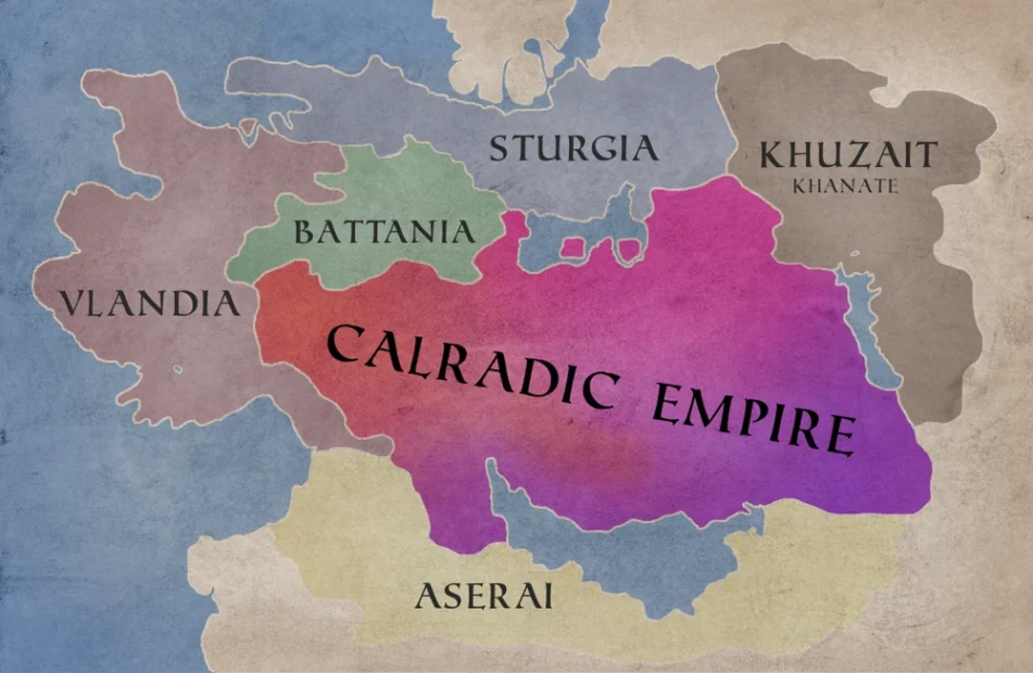 Karte des fiktiven Calradic Empire aus Mount & Blade 2 Bannerlord mit farblich markierten Regionen: Vlandia, Battania, Sturgia, Khuzait Khanat, Aserai und Calradic Empire.