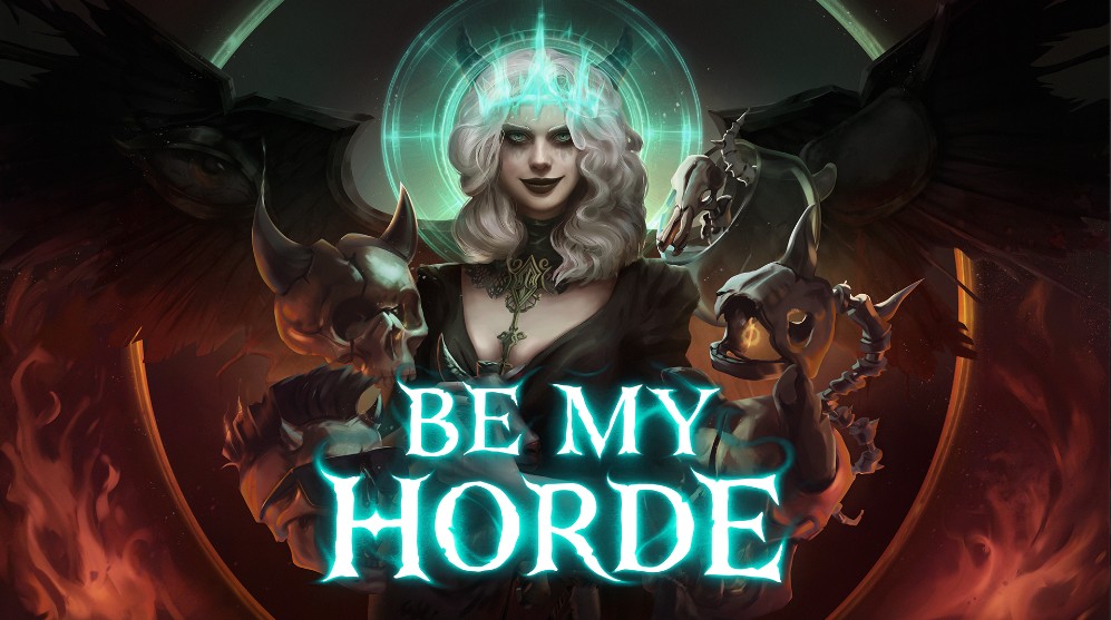 Fantasiefigur mit leuchtender Krone und dunklen Flügeln, die zwei kleine dämonische Wesen hält, darunter der Text „BE MY HORDE“ (Sei meine Horde)