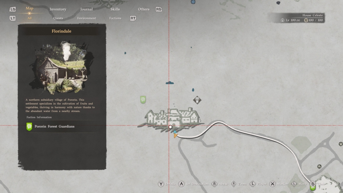 Map section showing a village named Florindale with a description on the left identifying it as a northern settlement area of Peoria with a small settlement