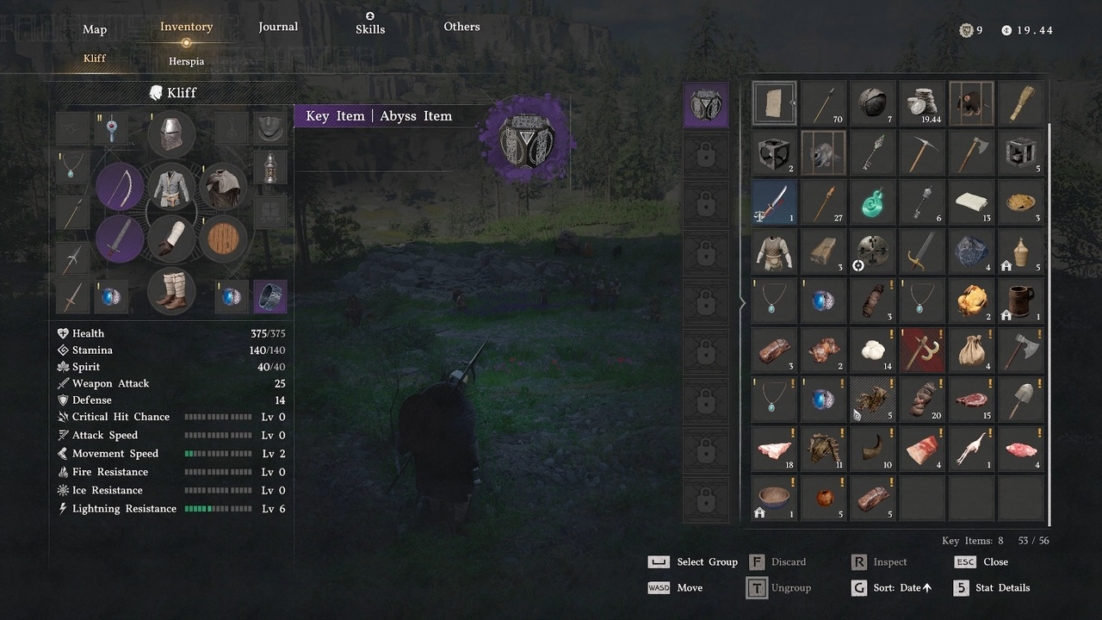 Video game inventory screen showing character stats, equipped items, and collected objects against a dark forest background.