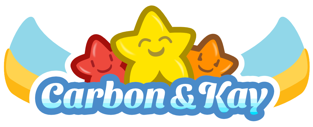 Interview with Carbon & Kay: Logo for 'Carbon & Kay' featuring three smiling stars in red, yellow, and orange with blue and yellow curved shapes