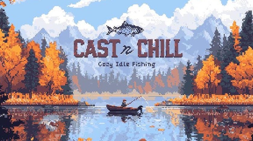 Jemand angelt von einem Boot aus auf einem ruhigen See, umgeben von herbstlichen Bäumen und Bergen, mit dem Text „Cast n Chill Cozy Late Fishing” und einer Fischillustration darüber.