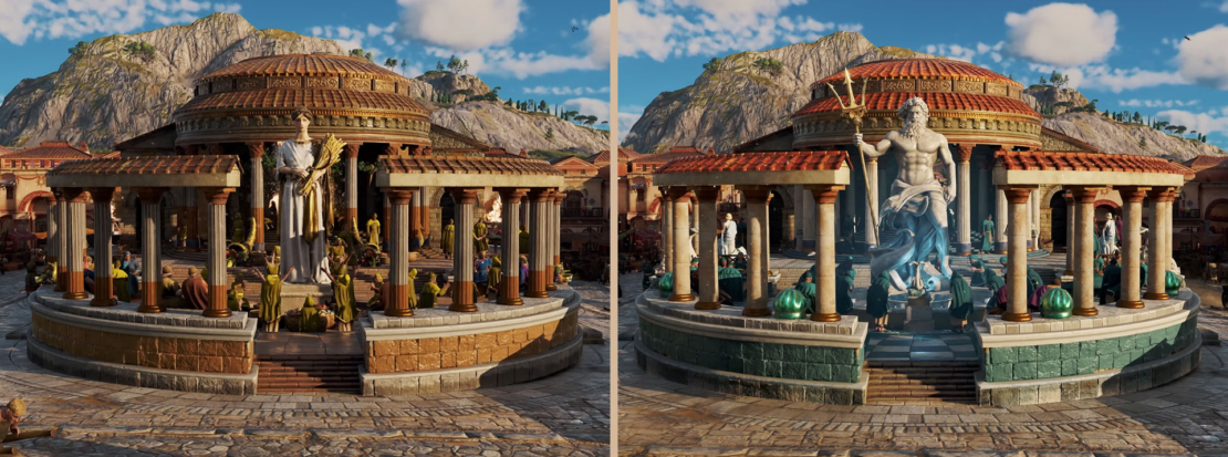 Zwei antike Rundtempel mit Säulen vor Berglandschaft, links mit goldener weiblicher Statue, rechts mit großer blauer männlicher Statue und goldener Dreizack-Skulptur.